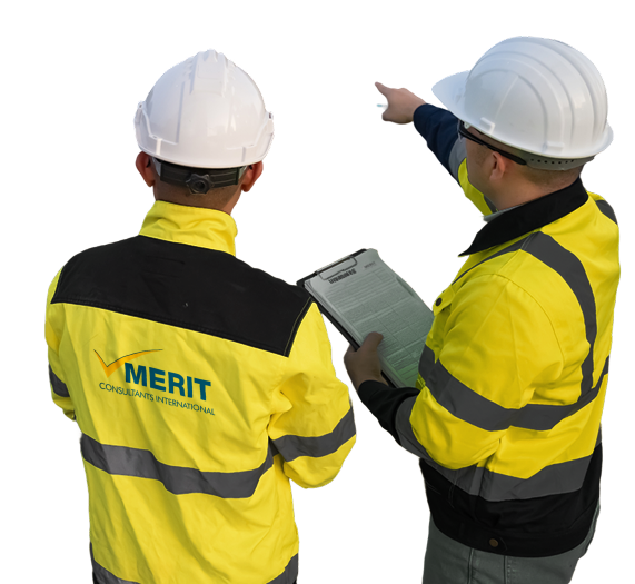Two men in hardhats and safety gear with a clipboard pointing at a mining site